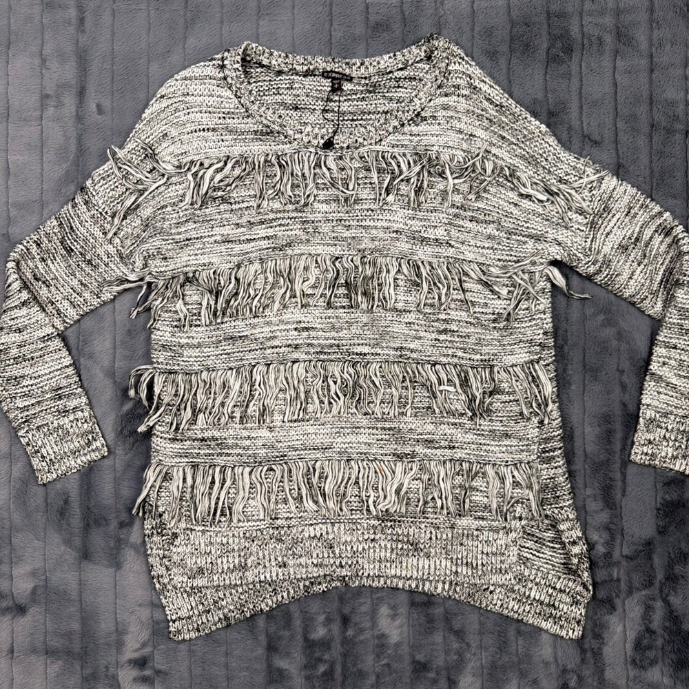Express Women Black White Marled Fringe Knit Sweater Small Boho Long Sleeve
